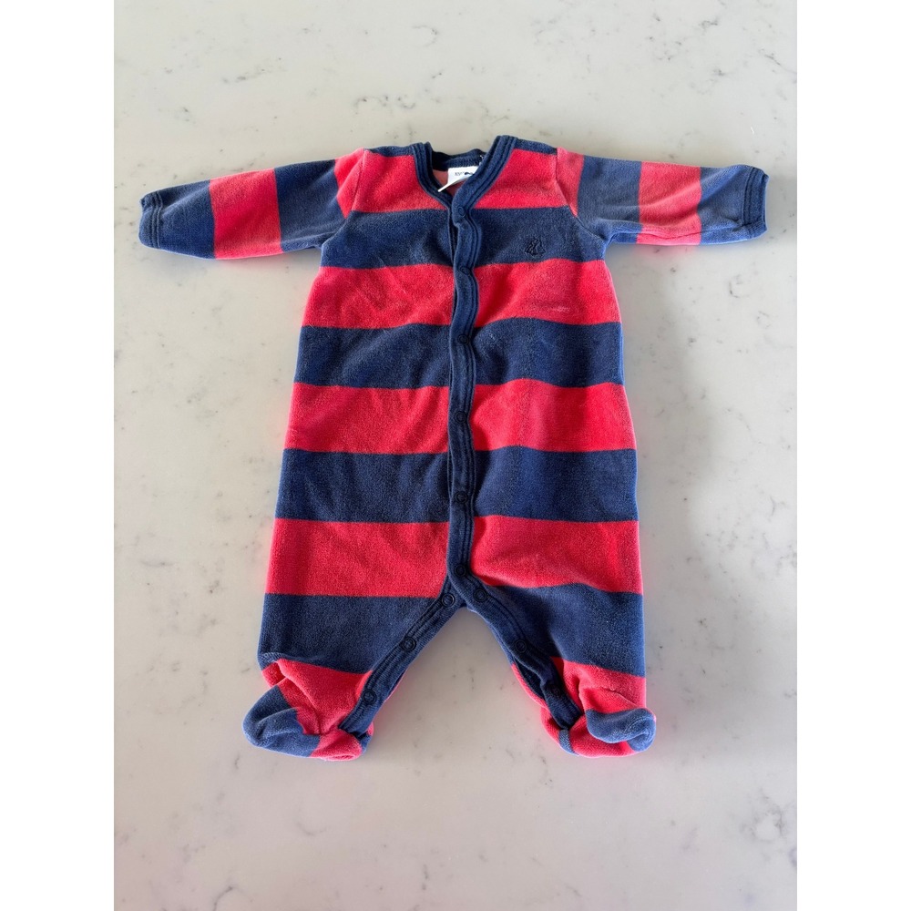 Petit Bateau Baby Red Navy Blue Striped Velour Footed Sleeper N50 50cm